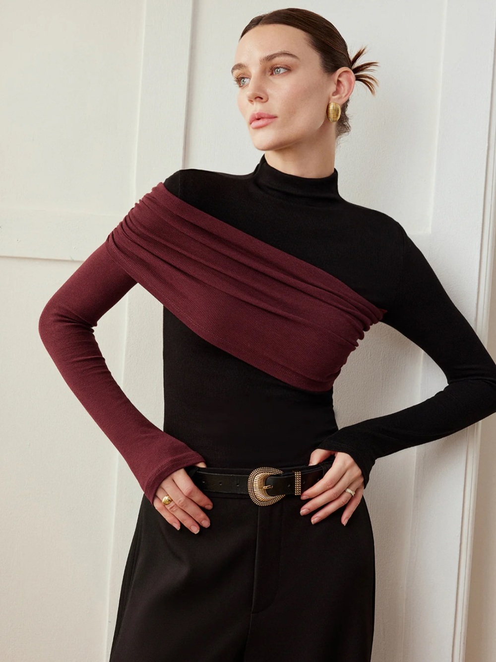 Commense Color Block Pleated Jersey Slim Top Size XS NWT - Picture 2 of 8